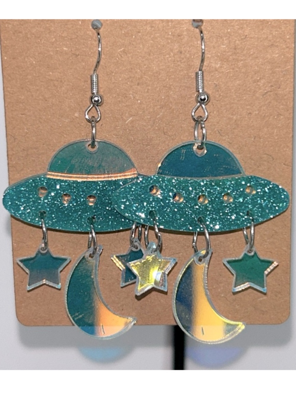 Glittery Mirror Acrylic Moon and Stars Spaceship Earrings Fashion Jewelry